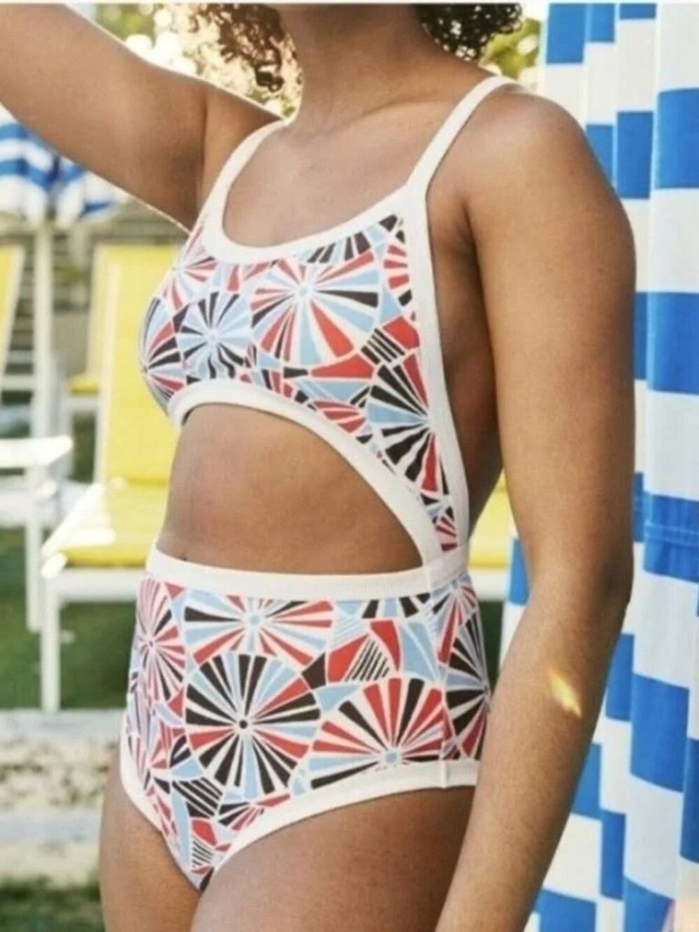 aerie Geometric Print One Piece Cutout Swimsuit With Ribbed Hemline
